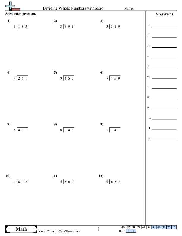 Dividing Whole Numbers with Zero worksheet